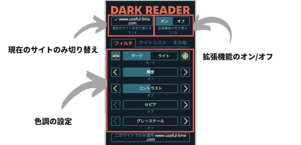Dark Reader：色調設定とサイトの切り替え